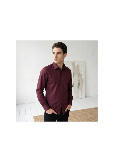 Yusaytr Slim Fit Uzun Kollu Pamuklu Gizli Düğme Yakalı Oxford Gömlek Bordo Bordo