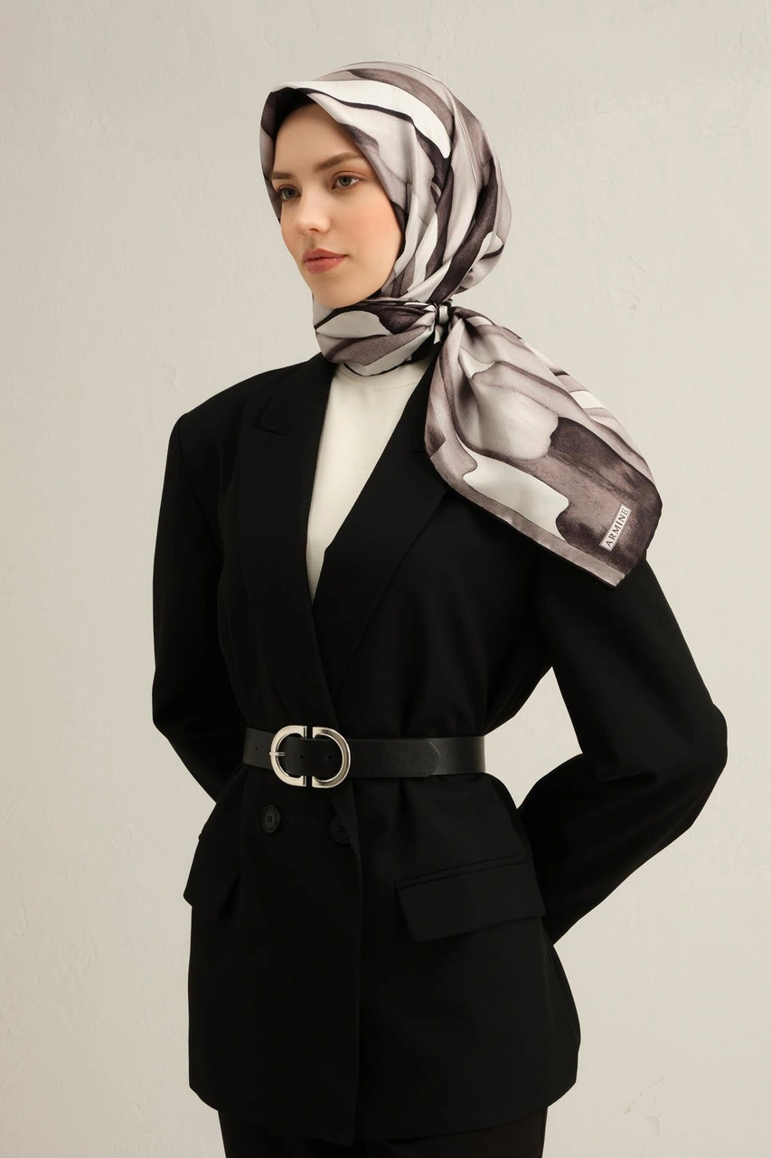 Armine Soyut Desenli Saf İpek Twill Eşarp 9306d 03 KAhverengi