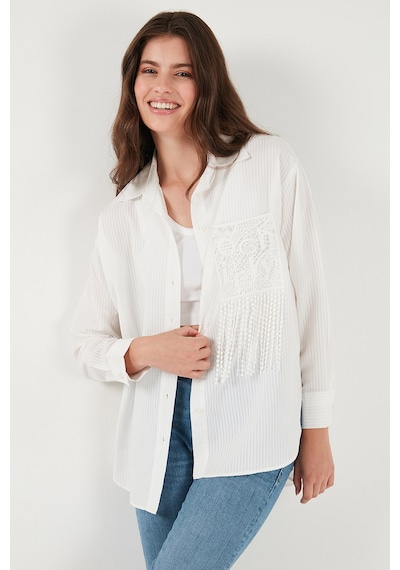 Lela Regular Fit Güpürlü Cep Detaylı Uzun Kollu Bayan Gömlek 6773215 Beyaz