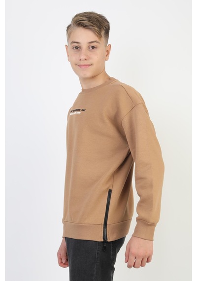 Bisiklet Yaka Baskı Detaylı Erkek Çocuk Sweatshirt-90907 Kahverengi