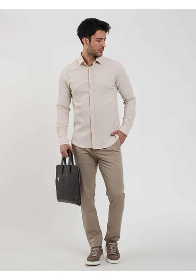 Dufy Bej Erkek Slim Fit Gofre Desenli Brent Yaka Uzun Kol Gömlek - 104810-bej Bej