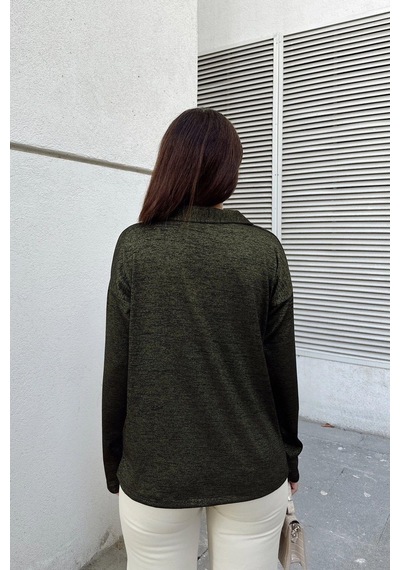 WeShaya Kadın Haki Polo Yaka Basic Bluz, Uzun Kol, Regular Kesim, Günlük Ve Spor Kaliteli Kumaş Sweatshirt Yeşil