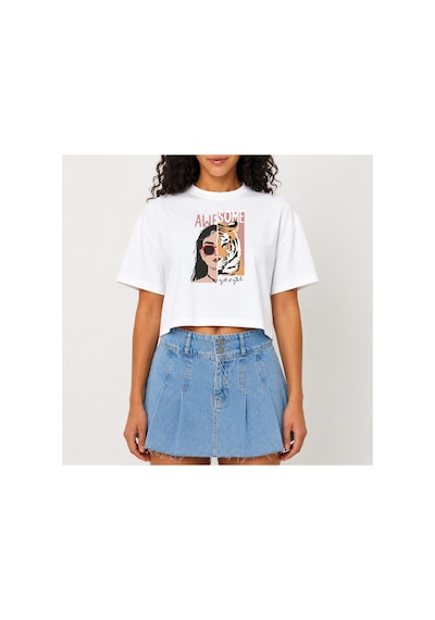 Urbantrendstore Crop Tişört Beyaz Awesome Leopar Baskılı Rahat Kesim Raw Cut Basic Kısa Tshirt
