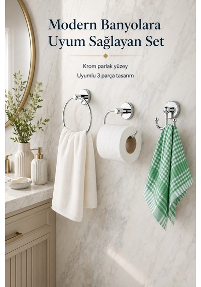 Alper Banyo Krom 3'Lü Banyo Seti, Yuvarlak Havluluk, Kağıtlık Ve Bornoz Askısı