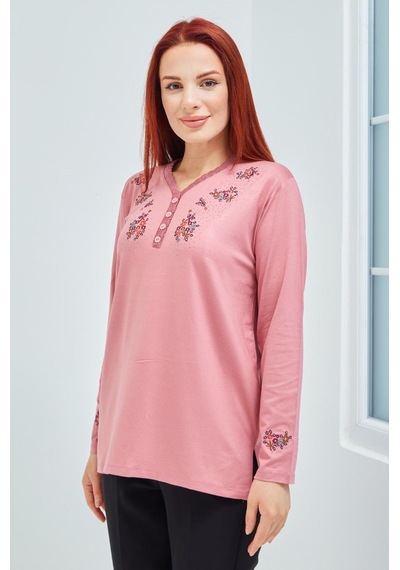 Fresh & Moda Fresh&moda Kadın Pembe V Yaka Düğmeli Çiçekli Likralı Anne Penye 001