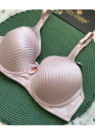 Evelyn Parlak Saten Çizgi Detaylı C Cup Balenli Desteksiz Önü Tül Pembe