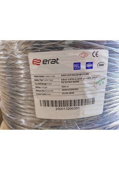 Erat Dmp1er2552ıhbuu185 Cat6 U/utp 23awg 250 Mhz Pe Outdoor Dış Ortam 500 Metre Full Bakır Cat6 Kablo Siyah