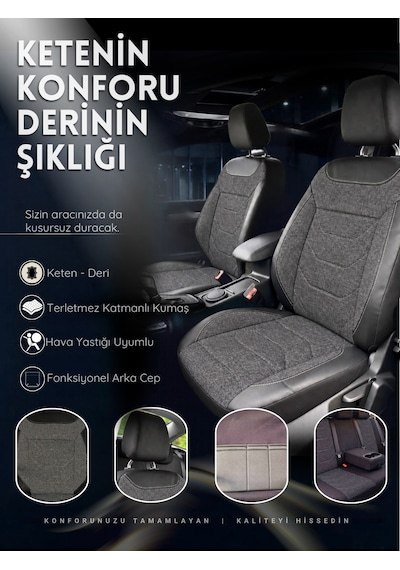 Linum Serisi Keten Kumaş Oto Koltuk Kılıfı Siyah