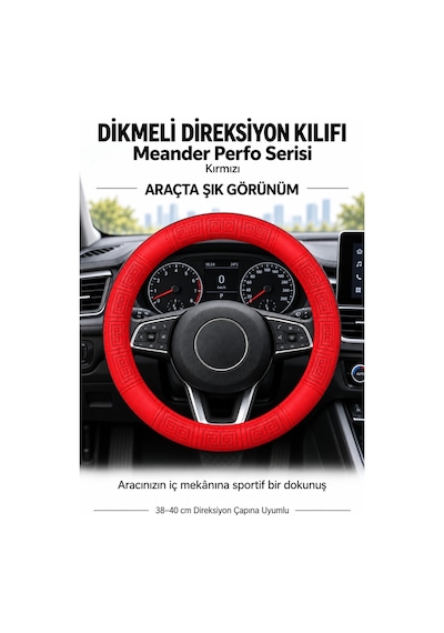 Trobus Jeep Grand Cherokee 2011-2021 Uyumlu Dikmeli Direksiyon Kılıfı Meander Perfo Kırmızı