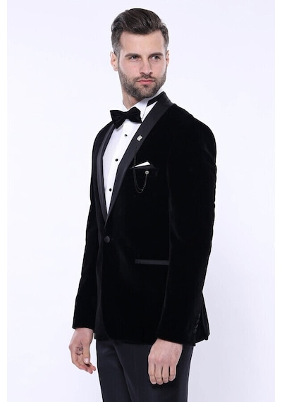 Düz Siyah Velvet Ceket Wessi Siyah