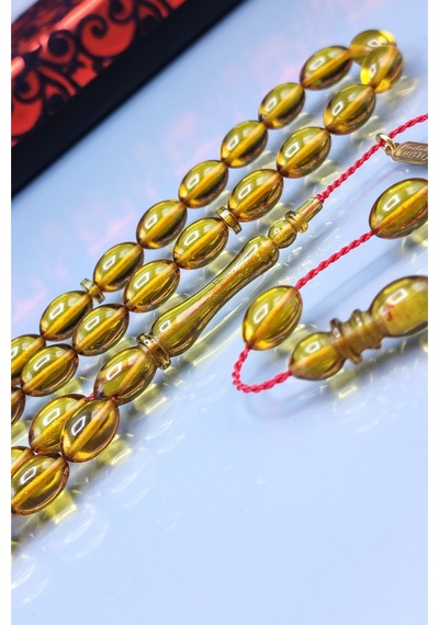 7 x 11 MM Mustafa Uysal İmzalı Altın Rengi Ateşi Kehribar Tesbih