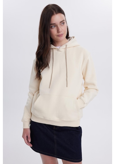 Tudors Kadın Relax Fit Rahat Kesim Pamuklu Kapüşonlu Kanguru Cepli Taş Sweatshirt-39943 Taş