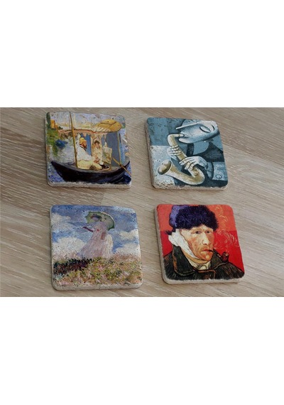 Van Gogh Claude Monet Ve Saksafon Çalan Adam Doğal Taş Bardak Altlığı 4'lü Set - Natural Stone Coasters - Taş Çok Renkli