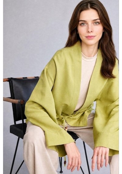 Defacto Relax Fıt V Yaka Keten Uzun Kollu Yeşil Kimono F6151ax26smgn699 Yeşil-gn699