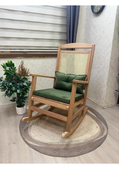 Asedia Veranda Naturel Yeşil Minderli Hasırlı Sallanan Sandalye Dinlenme Koltuğu