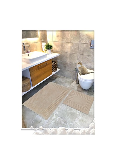 Cottoncrafty %100 Pamuk Dokuma Su Emici Banyo Paspas Seti, Banyo Halısı Vera 2 Li Set 60x100-60x50 Bej Genel