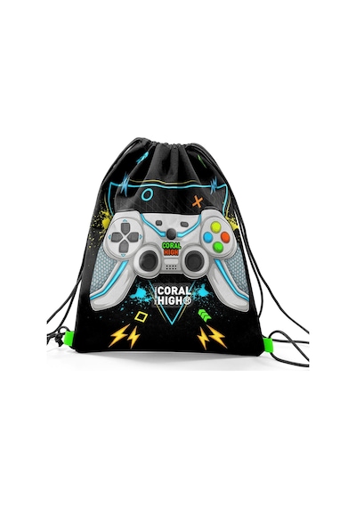 Coral High Kids Siyah Fosforlu Yeşil Gamer Desenli İpli Büzgülü Sırt Çantası 12655