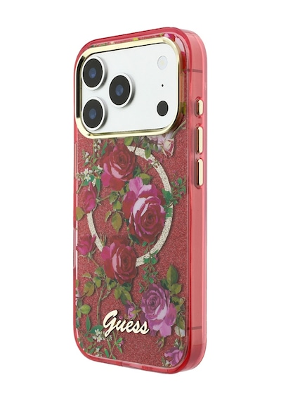 Apple iPhone Uyumlu 18 Pro Kılıf Guess Lisanslı M-safe Şarj Özellikli Gül Desenli Simli Yazı Logolu Kapak Bordo