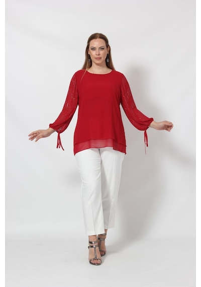 Moda Berray 3243 Kolu Taş Baskılı Şık Bluz Kırmızı 001