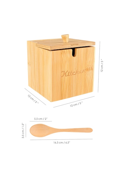 Kaşıklı Bambu Baharat Kutusu - Bambu Kapaklı Tuz Kabı Tuzluk Baharatlık Kutu 12x12 Cm Bej