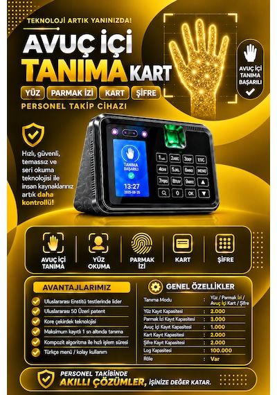 Avuç Okuma-yüz Okuma-parmak İzi Okuma Ve Kartlı Personel Kontrol Cihazı -giriş-çıkış Yazılımı Ve 15 Kart Hediye