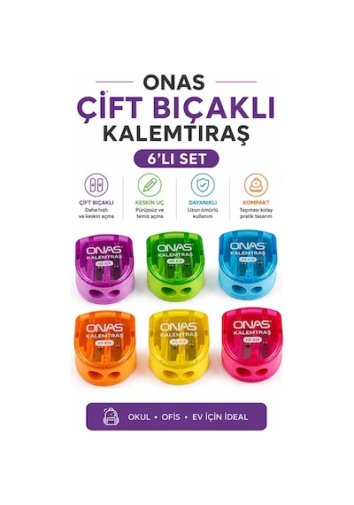 Kalemtraş 6 Adet Onas Ns-828 Hazneli Çift Bıçaklı Kalem Açacağı Plastik Kalemtıraş Kalem Traş Okul Sınıf