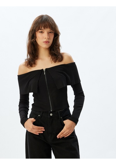 Koton Omzu Açık Triko Yelek Fermuarlı Uzun Kollu Slim Fit Siyah 5wak30045ek Siyah