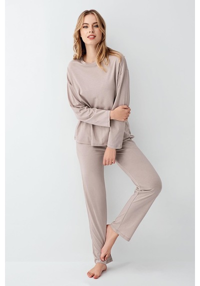 Arnetta Kadın Modal Pamuklu Bisiklet Yaka Uzun Kollu Rahat Düz Pijama Takım VİZON