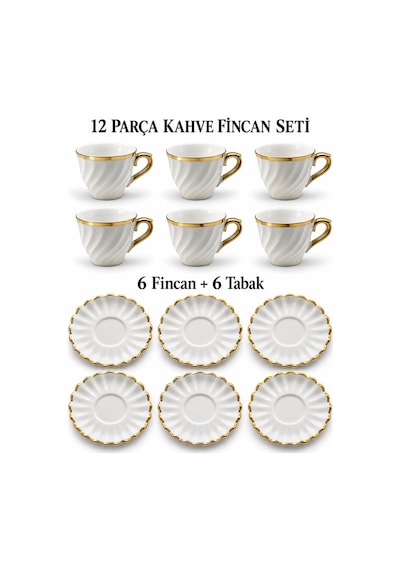 Valkyrie Aurora Serisi 12 Parça 6 Kişilik Beyaz İnce Gold Şeritli Türk Kahvesi Fincan Takımı