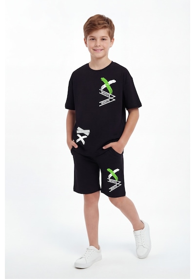 Panios Kids X White Baskı Detaylı Yuvarlak Yaka Yazlık Erkek Çocuk Alt Üst Takım Siyah