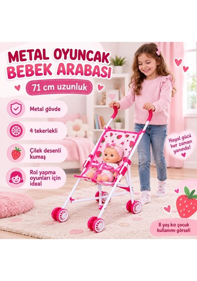Oyuncak Metal Puset Çilek Desenli Baston Bebek Arabası 71 Cm