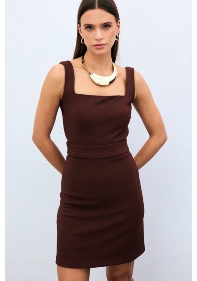 Sateen Kare Yaka Crop Bluz - Kahve