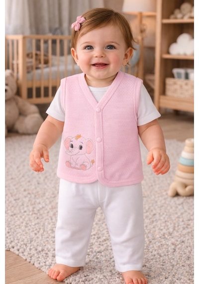 Baby Shez %100 Organik Pamuklu Yenidoğan Kız Erkek Bebek Yelek Mevsimlik 3 6 9 Ay Pembe