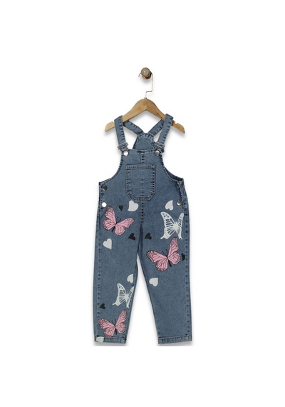 Bilge Trend Kız Çocuk 3/7 Yaş Kelebek Baskılı Kot Denim Salopet Tulum Kot Mavi