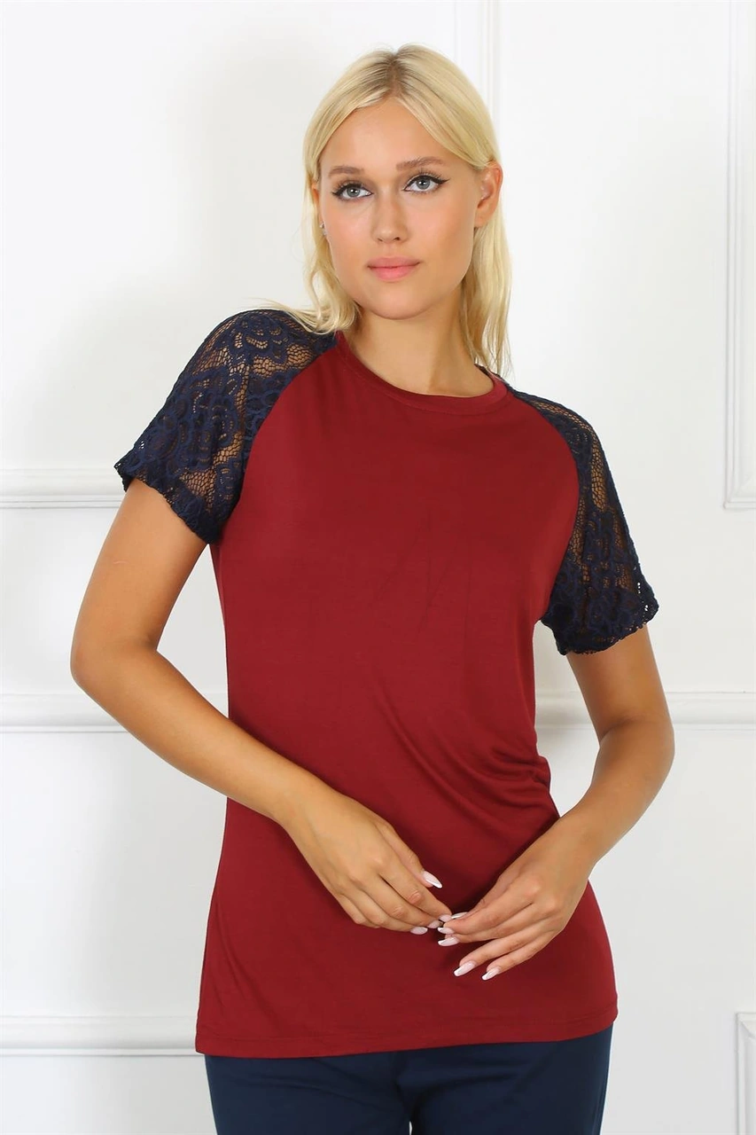 Akbeniz Kadın Kolu Dantelli Penye Pijama Takım 4149 Bordo