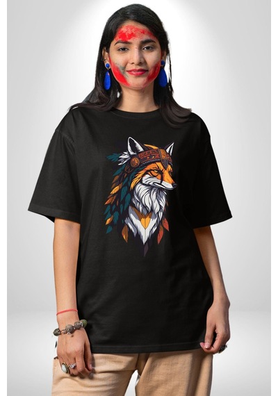 Kızılderili Tilki Pamuklu Bisiklet Yaka Unisex Oversize Boyfriend Dijital Baskılı Siyah T-shirt Siyah