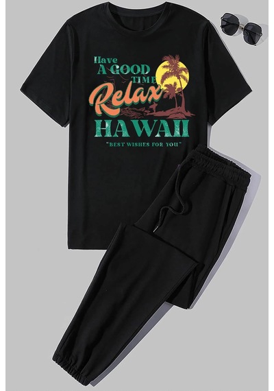Uyguntarz Unisex Hawaii Baskılı 2'li Eşofman Takımı Siyah