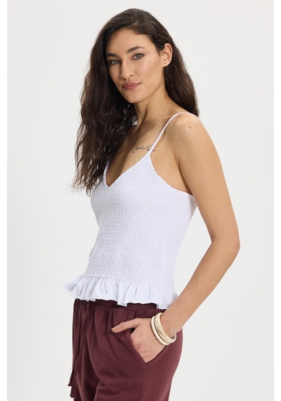 Tudors Kadın Slim Fit Dar Kesim %100 Pamuk Askılı Büzgülü V Yaka Beyaz Bluz-50369
