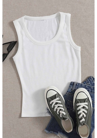Merry See Düz Renk Kadın Kolsuz Bluz Crop Top Beyaz