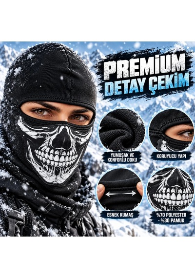 Womanandkids Wak Unisex Kurukafa Desenli Balaklava Kışlık Tam Yüz Maske Nefes Alan Esnek Kask Altı Boyunluk Siyah Set