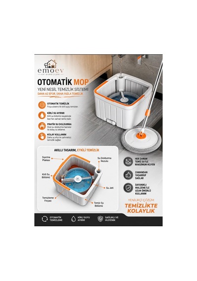 Otomatik Döner Mop Temiz Ve Kirli Suyu Ayıran Çift Hazneli Temizlik Seti 360 Döner Mikrofiber Mop