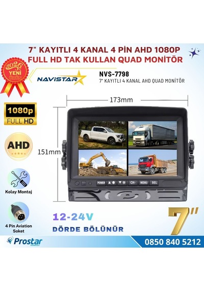 Kayıtlı 7 İnç 4 Kanal Full Hd Quad Ahd/analog 4 Pin Araç Monitörü 256 Gb Sd Kart Destekli 12-24v