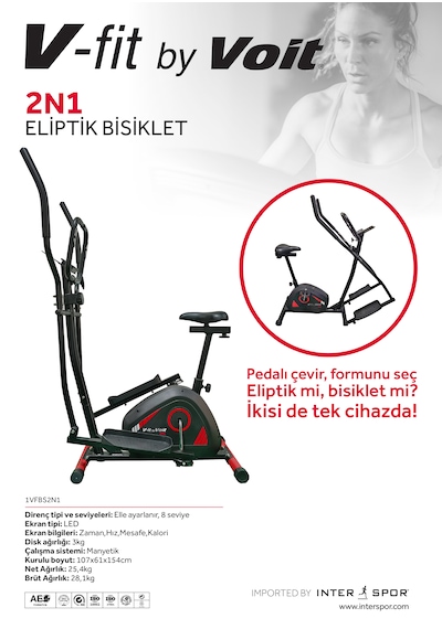 Voit V-fit 2 Si 1 Arada Manyetik Eliptik & Kondisyon Bisikleti 8 Kademeli Direnç, Lcd Ekranlı, Nabız Ölçerli, Sessiz Ve Kompakt Ev Tipi Kardiyo Aleti Siyah-kırmızı