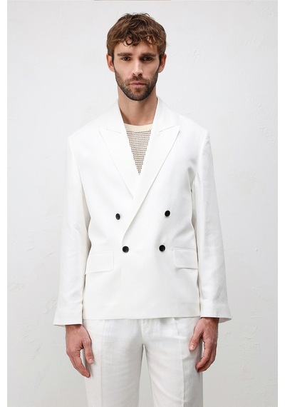Antioch Relax Fit Keten Karışımlı Erkek Blazer Ceket Beyaz