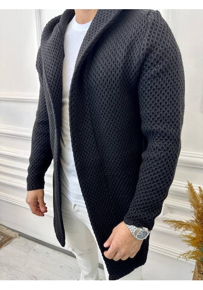 Elku Moda Elkumoda Hırka Kapüşonlu Örgü Triko Uzun Panço Hırka-HIRKA1862