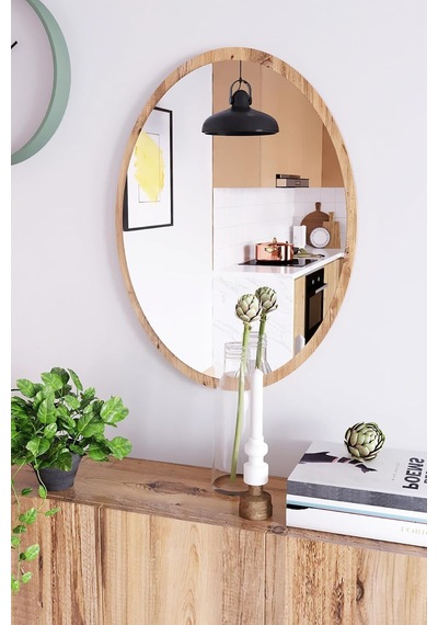 Ayna Oval Meşe Antre Hol Koridor Salon Mutfak Banyo Wc Makyaj, 52x70 Çok Renkli