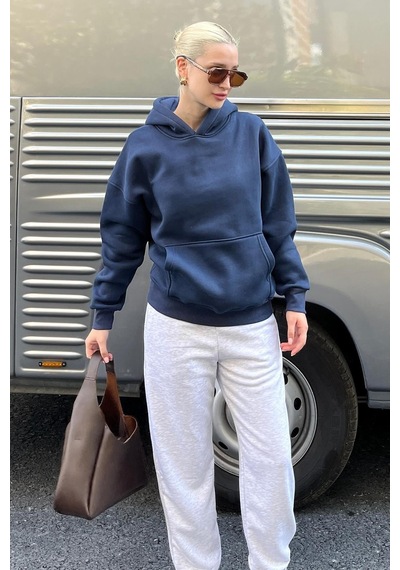Lacivert Kapüşonlu Şardonlu Oversize Cepli Sweatshirt Mg2206