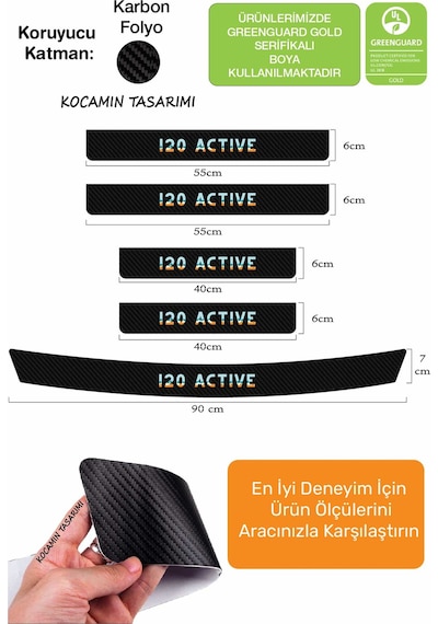 Karbon Desenli Hyundai İ20 Active Kapı Eşiği Koruma Seti 4 Kapı 1 Bagaj 5 Parça Renkli Baskı