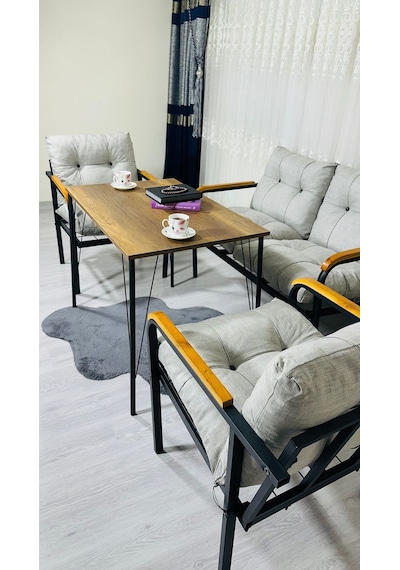 Madame Home Kadife Balkon, Bahçe,teras,cafe - Salon - Metal Kanepe Koltuk Takımı - 2+1+1 + Masa Açık Gri