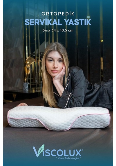 Servikal Boyun Destekli Ortopedik Yastık - Boyun Düzleşmesi Visco Yastık Pembe 56x34x10,5, Pembe Genel